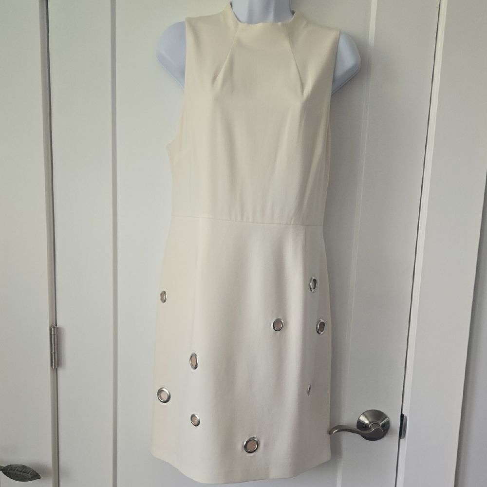 Kensie Cream Sheath Dress with Mock Neck and Embellishments